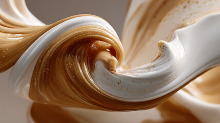 Swirl of creamy coffee and milk creates mesmerizing abstract pattern, blending rich browns and whites in smooth, flowing motion