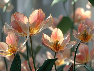 Fototapeta premium Peach tulips bask in sunlight, petals translucent