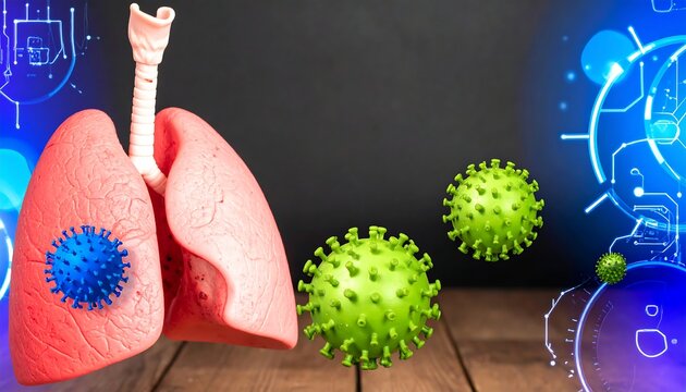 Lung Anatomy with Coronavirus Model and Digital Interface on Wooden Surface