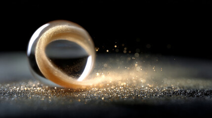 Glass sphere with swirling golden particles inside creates mesmerizing effect against dark background