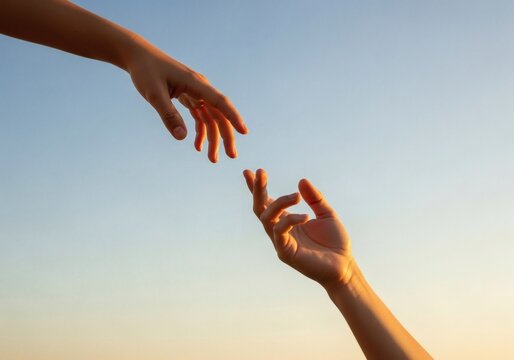 Two hands reaching out to each other against a clear blue sky