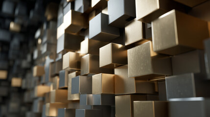 Abstract 3D rendering of metallic cubes in gold and silver tones, creating modern geometric pattern
