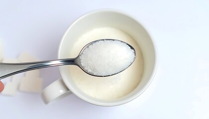 Sugar being added to a bowl of liquid.