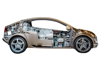 electric car made of diverse deep drawn parts in metal isolated on transparent or white background