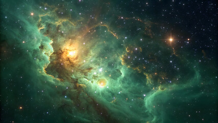 Emerald green nebula with golden core and dense star field