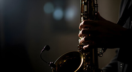 Obraz premium Musician playing saxophone, captured in an artistic and atmospheric studio environment.