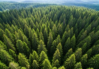 Vast evergreen forest drone view sunlight filtering through canopy