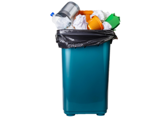 metal and plastic trash cans with garbage and paper waste isolated on transparent or white background