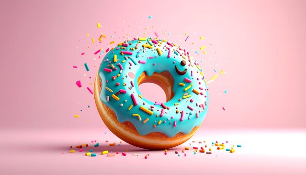 Delightful Donut with Blue Icing, Colorful Sprinkles, and a Cheerful Smile