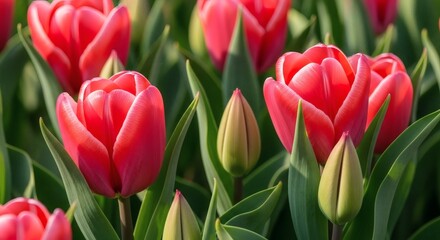 Fototapeta premium Vibrant red tulips with unopened buds and green leaves