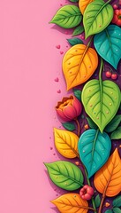 Playful cartoon-style leaves with blush accents vibrant background digital art colorful environment top view nature concept