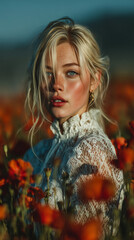 Naklejka premium Girl in Poppy Field: A serene portrait of a fair-skinned woman with blonde hair and blue eyes amidst vibrant red poppies.