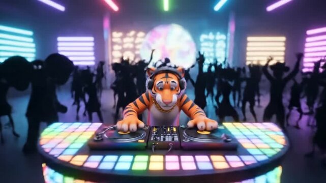 cartoon tiger dj spinning records at vibrant nightclub party