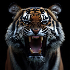 Obraz premium Tiger roaring fiercely, displaying sharp teeth.