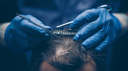 Close up head of a person treatment of alopecia hair transplant surgery, Hair restoration techniques. Hair transplant preparation concept
