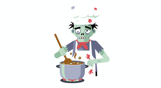 Comically Spooky Zombie Chef Cooking a Strange Brew in a Pot - Whimsical Illustration for Halloween Celebrations, Cooking Events, and Graphic Designs Aimed at Food Lovers and Horror Fans
