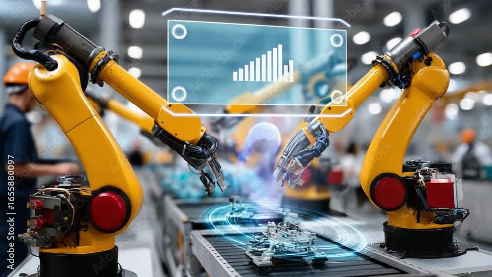Poster robotics on the assembly line: two advanced industrial robots, adorned in vibrant yellow, perform in