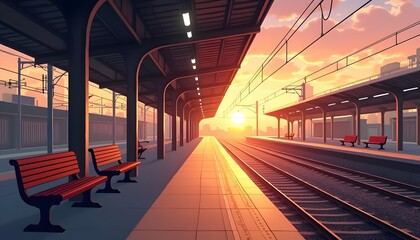 Empty train station platform bathed in the warm glow of sunset