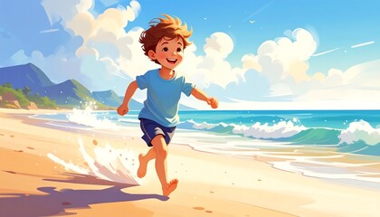 A joyful boy runs along a sunny beach, happy waves crashing at his feet.  A vibrant scene filled with warm colors and a carefree mood.