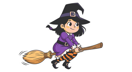 Enchanting Little Witch Flying on a Broomstick in a Colorful Halloween Adventure - Perfect for Holiday Celebrations, Children's Illustrations, and Whimsical Decor Projects