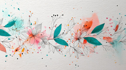 Floral watercolor illustration with vibrant teal and coral hues, featuring delicate linework and splashes of color