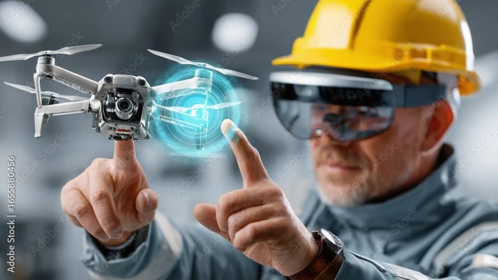 Poster innovate and visualize: an engineer embraces augmented reality with a drone, pushing boundaries. the