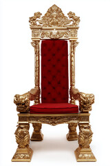 Ornate gold throne with regal red cushioning, fit for royalty. A majestic statement piece with intricate details on a white backdrop.