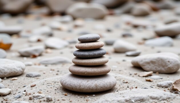 Stack of smooth river stones tranquil riverbank nature scene serene environment ground level balance and harmony