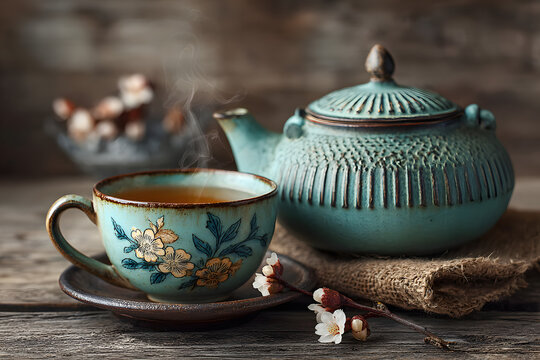 Cup of tea and teapot on table