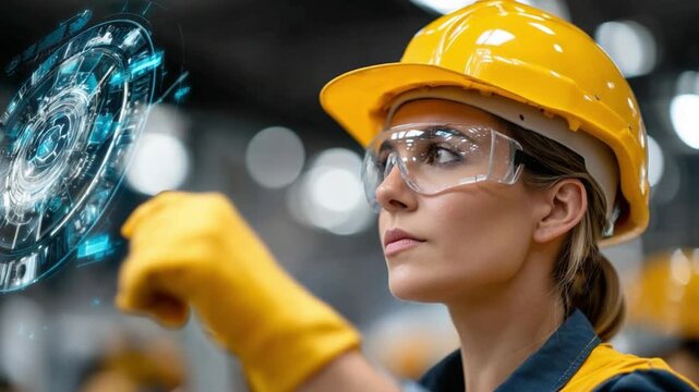 Modern Industrial Vision: A focused female industrial worker, adorned in protective gear, gazes intently at a futuristic holographic projection, poised on the cusp of innovation.