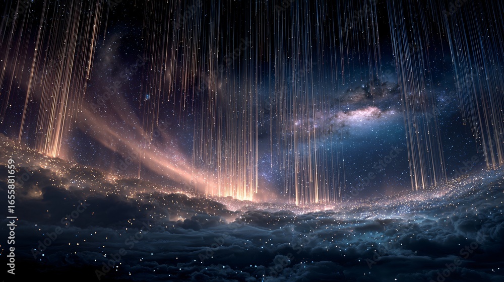 Poster a vast, celestial expanse showcases a cosmic panorama with streams of light cascading across a lands