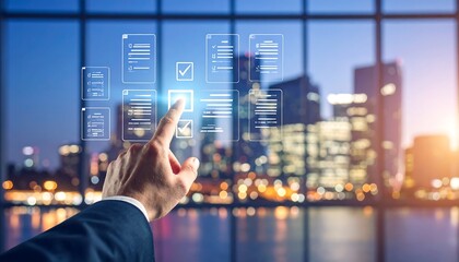 A hand interacting with a translucent interface displaying digital documents, set against a blurred cityscape at night.