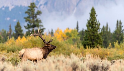 Elk stands in a meadow with autumnal foliage.