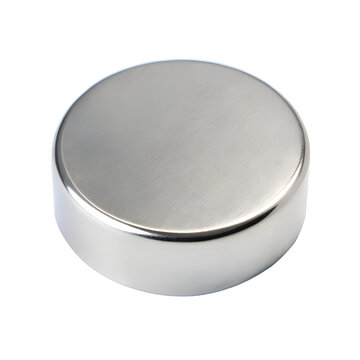 A single, shiny, round neodymium magnet isolated on a transparent background