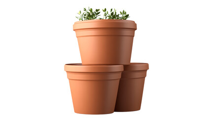 Stack of three terra cotta plant pots with green shoots emerging from the top one, cut out transparent