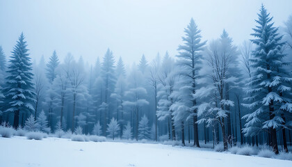 Obraz premium Misty Winter Forest with Snow Covered Trees