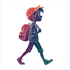 Happy Boy Walking to School, Gradient Silhouette Illustration, Back to School Theme, Positive Vibe