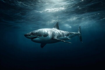 Naklejka premium Powerful great white shark gliding through deep blue waters, golden sunlight penetrating ocean surface