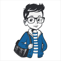 Happy schoolboy cartoon character illustration;  vector graphic; friendly, positive mood;  back to school theme.