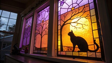 Stained glass windows featuring cats and colorful trees at sunset.