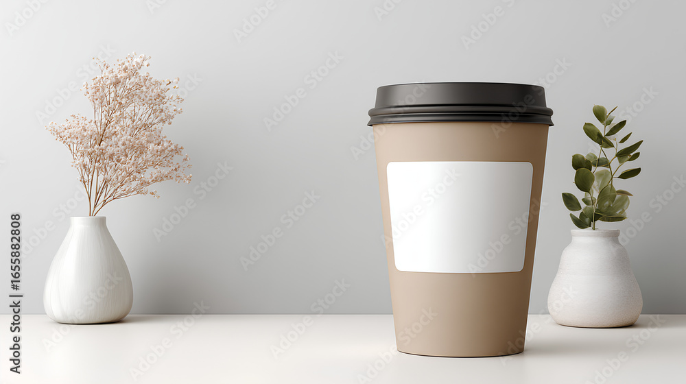 Poster a takeaway coffee cup mockup with blank label, placed on white background with open space above for 