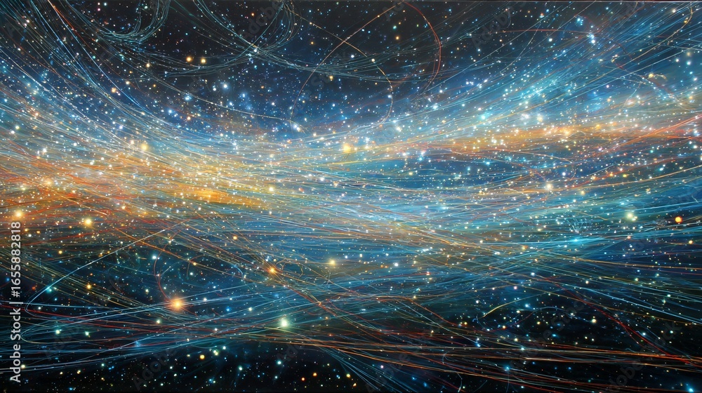 Poster a vast expanse of interconnected luminous lines and glittering points, showcasing a cosmic network o