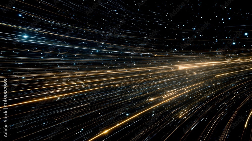 Poster a dynamic, swirling display of light trails, showcasing a mesmerizing array of golden and azure line