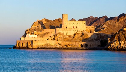 A grand, ancient fortress stands majestically on a rocky coastline, bathed in the warm golden light of the setting sun.