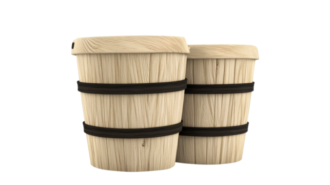Two wooden vessels with dark bands on a white background, cut out transparent