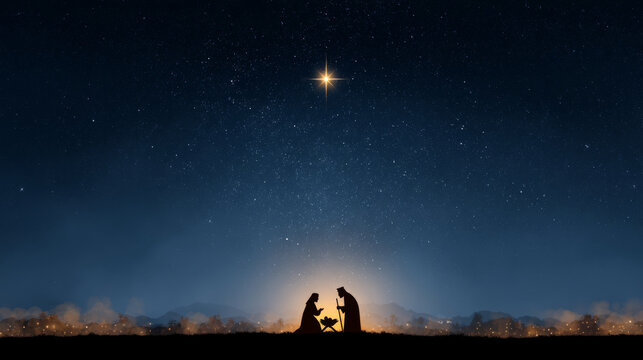 Serene nativity scene under starry night sky with bright star shining above, evoking sense of peace and wonder