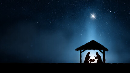 Fototapeta premium Serene nativity scene with silhouettes of Mary, Joseph, and baby Jesus under starry night sky