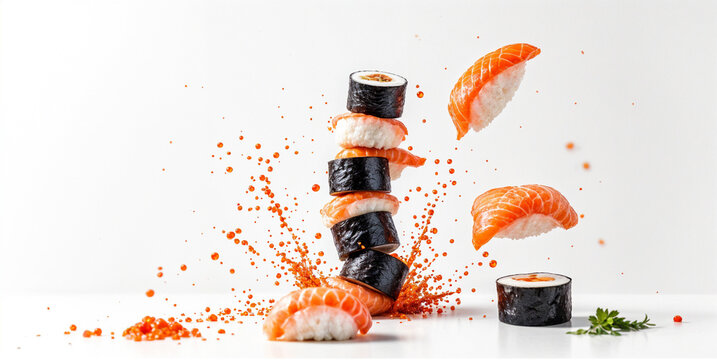 Creative sushi composition with salmon nigiri and maki rolls splashing with flying fish roe, dynamic Japanese food concept on white background, modern culinary art photography