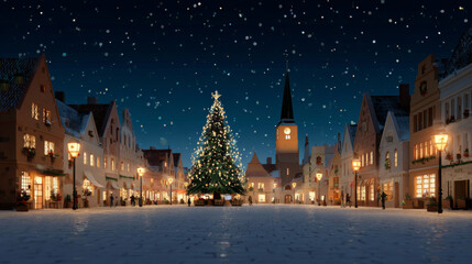 Fototapeta premium Festive town square at night with large Christmas tree adorned with lights, surrounded by charming buildings under starry sky