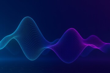 Digital abstract wave form composed of glowing blue and purple dots on a dark background